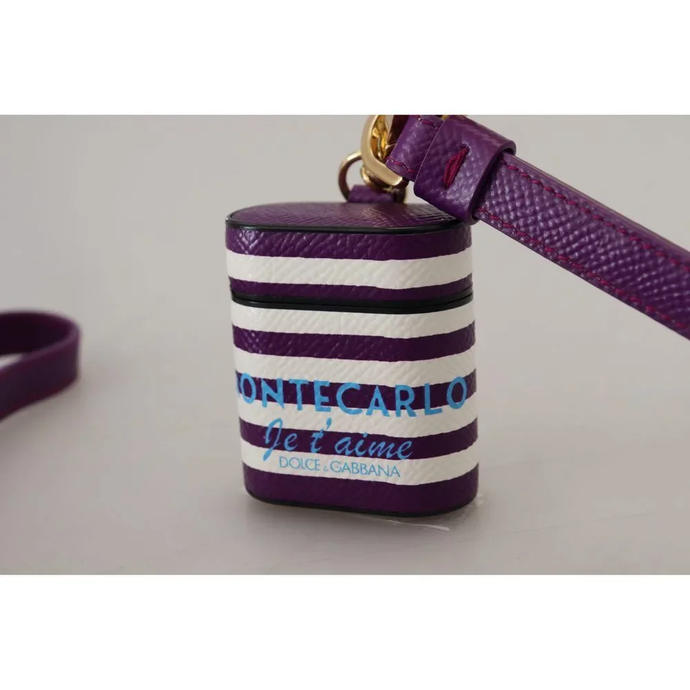 Dolce & Gabbana Purple Leather Strap Gold Metal Logo Airpods Case - Picture 3 of 7